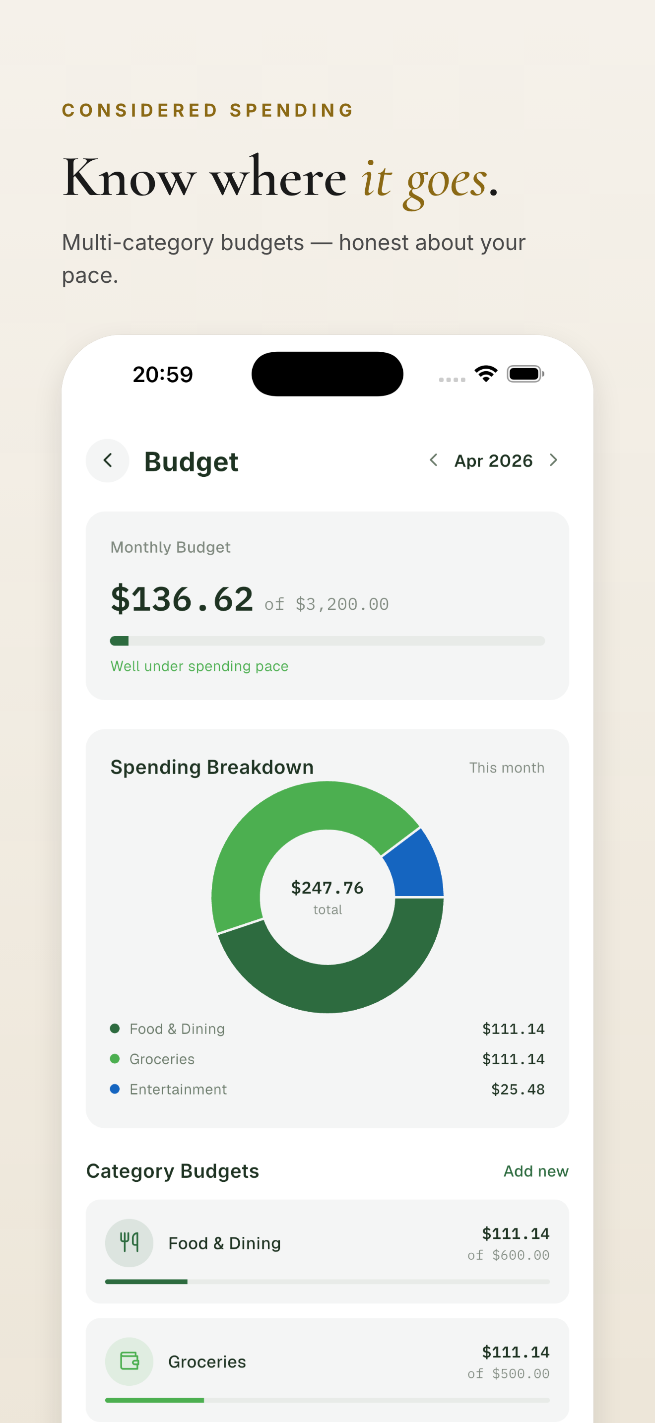 Budgets — pacing and category breakdown