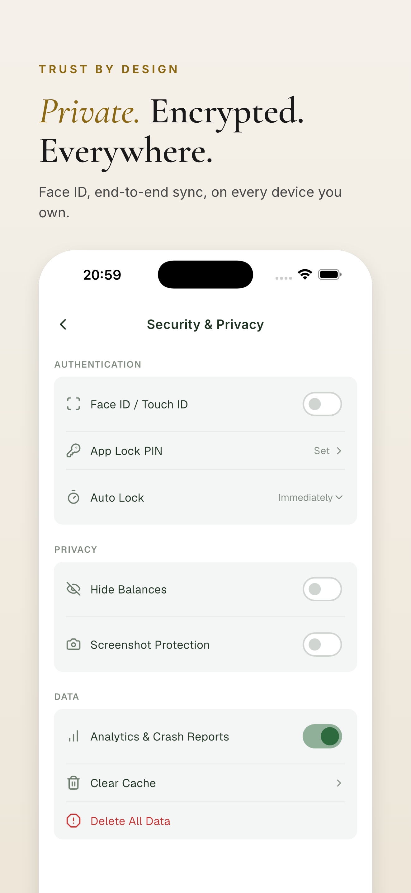 Security — biometric lock, local encryption
