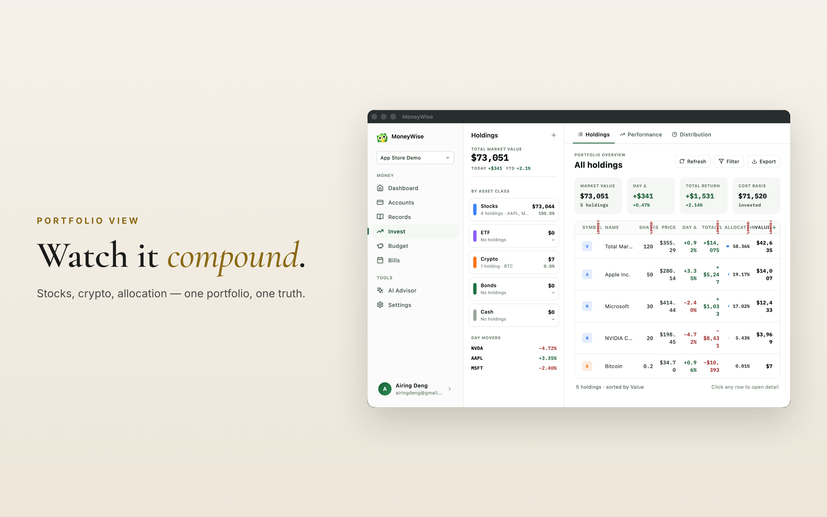 Investments — holdings, allocation, performance side-by-side
