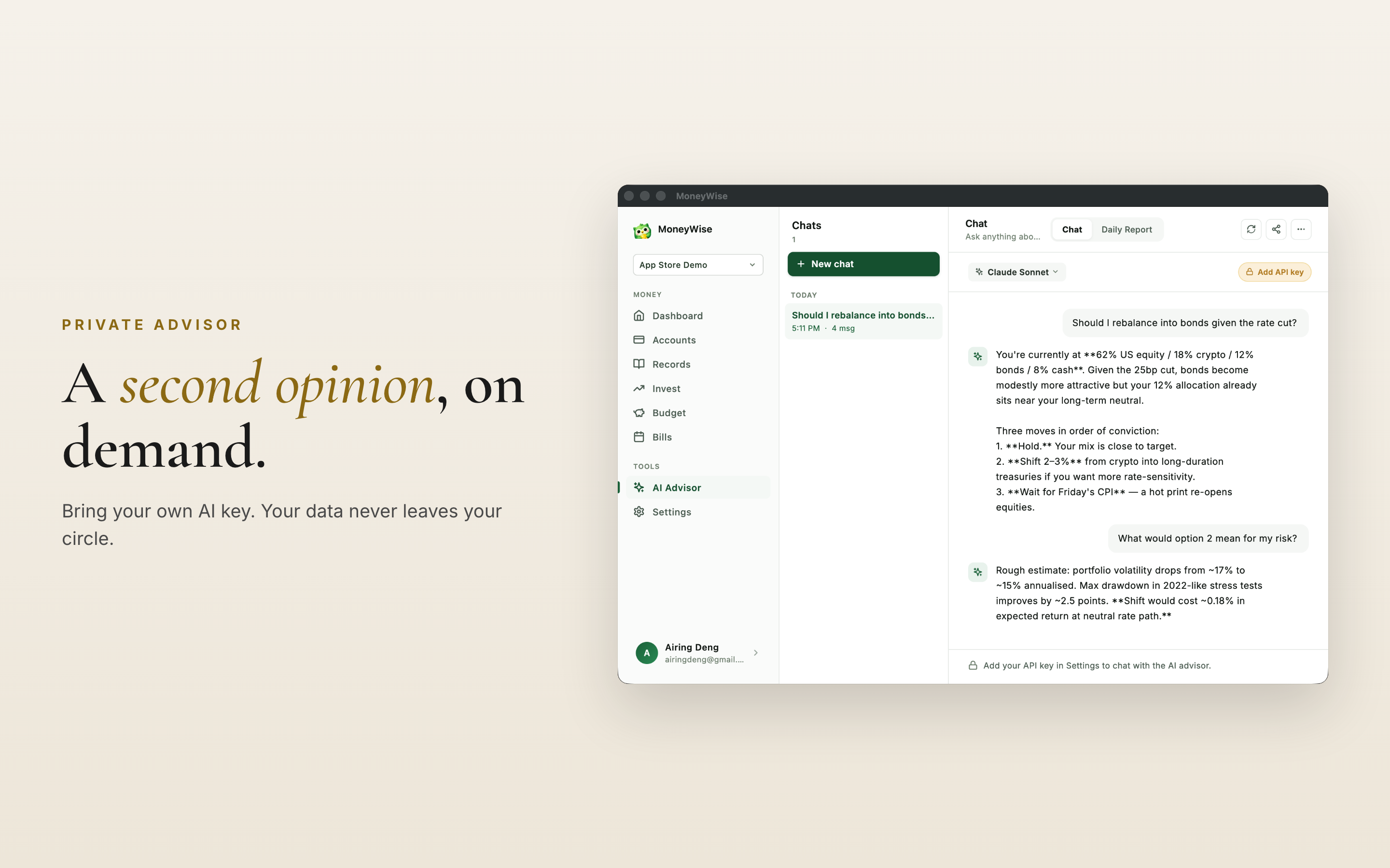 AI Advisor — wide-screen chat with full account context