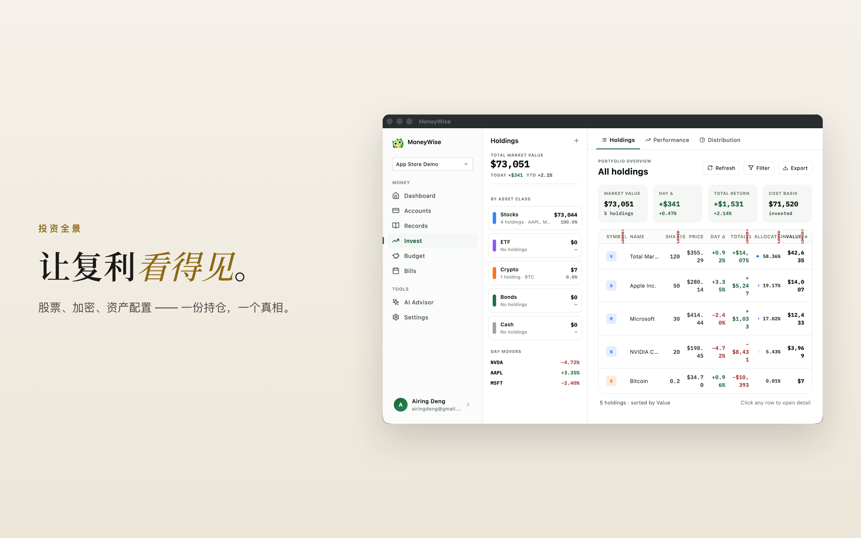 投资——持仓、配置、表现并排展示